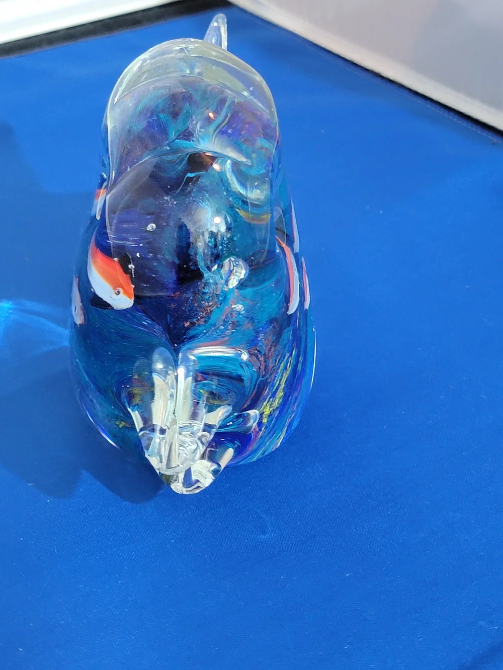 Source Unknown Glass Fish Paperweight - Blue with Orange Accents